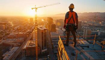 Construction worker standing on a rooftop overlooking the city. photo