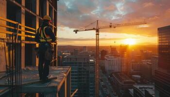 The construction worker is standing on the top of the building and looking at the sunset. photo