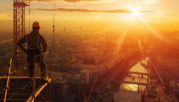 Construction worker standing on a building under construction at sunset photo