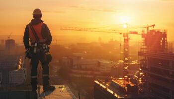 Construction worker standing on the roof of a building under construction and looking at the sunset photo