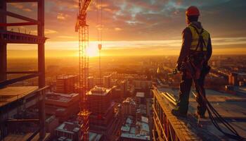 Construction worker standing on a building under construction and looking at the sunset. photo