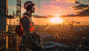 Construction worker standing on a building under construction and looking at the sunset. photo