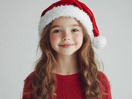 A young girl in a red sweater and santa hat photo