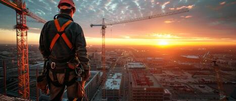 Construction worker standing on a building under construction at sunset photo