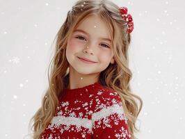 A little girl in a red sweater smiling photo