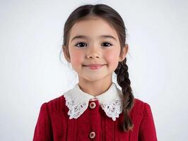 A little girl in a red sweater and white collar photo