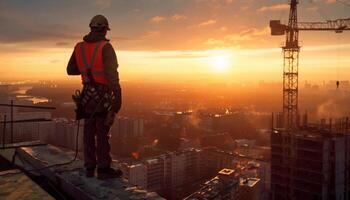 The construction worker is standing on the top of the building and looking at the sunset. photo