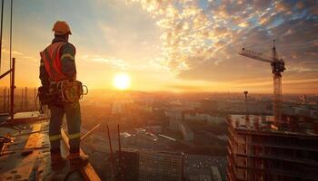 Construction worker standing on a building under construction and looking at the sunset. photo
