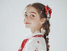 A girl with braids wearing a red dress and a red bow photo