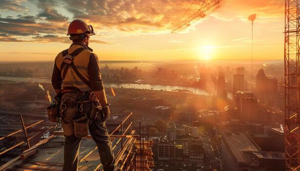 Construction worker standing on a building under construction and looking at the sunset. photo
