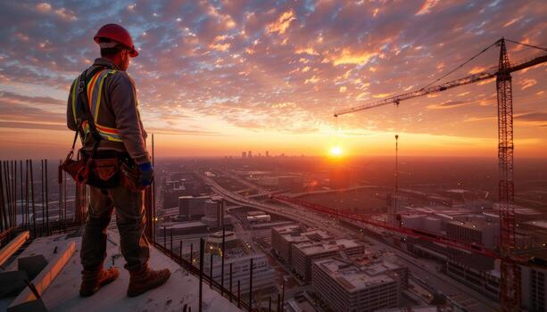 Construction worker standing on a building under construction and looking at the sunset. photo