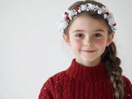 A little girl wearing a red sweater and a headband photo