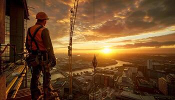 Construction worker standing on a building under construction and watching the sunset. photo