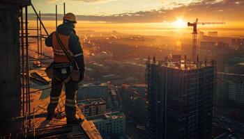 Construction worker standing on a building under construction at sunset photo