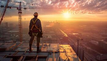 The image shows a construction worker standing on a rooftop overlooking a city during the sunset. photo