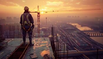 Construction worker standing on the edge of a building under construction and looking at the city photo