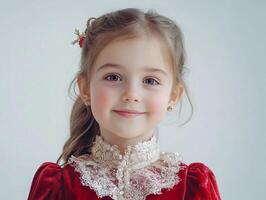A little girl in a red dress smiling photo