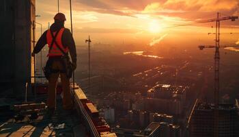 The fearless construction worker is standing on the top of the building and looking at the beautiful sunset. photo