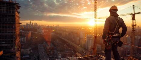 Construction worker standing on a building under construction at sunset photo