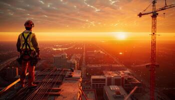 Construction worker standing on a building under construction and watching the sunset. photo