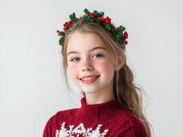 A young girl wearing a christmas sweater and a wreath photo