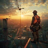 Construction worker standing on a rooftop enjoying the sunset over the city photo