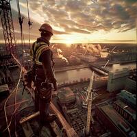 Construction worker standing on a beam high above the city. photo