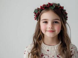 A little girl wearing a christmas sweater and a wreath photo