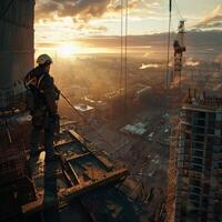 Construction worker standing on a building under construction at sunset photo