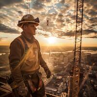 Construction worker standing on a skyscraper under construction, looking out at the city below. photo