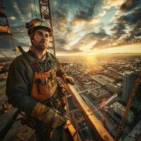 Construction worker standing on a building under construction, wearing a hard hat and safety gear. photo
