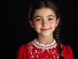 A little girl in a red dress smiling photo