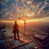 Construction worker standing on a rooftop watching the sunset over the city. photo