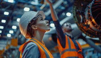 Thoughtful female engineer looking at the aircraft engine photo
