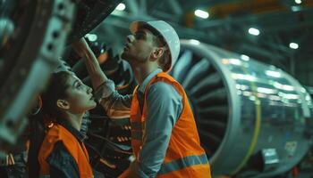 Two engineers in hard hats and safety vests examine a jet engine. photo