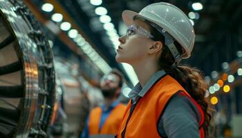 Thoughtful female engineer looking over large machinery in factory photo