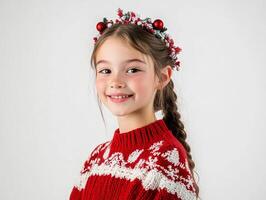 A little girl in a red sweater and braids photo