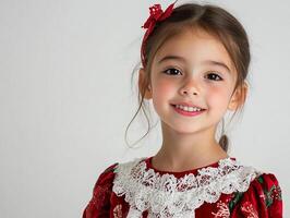 A little girl in a red dress and white lace photo
