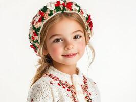 A little girl wearing a white sweater and a red and white flower crown photo