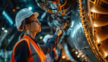 Thoughtful female engineer in hard hat and safety vest inspecting jet engine photo