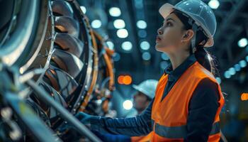 Thoughtful female engineer in hard hat and safety vest inspecting jet engine photo