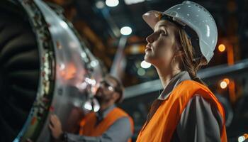 Two engineers in hardhats inspecting jet engine photo