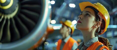 Two aircraft maintenance engineers wearing hard hats inspect a jet engine. photo