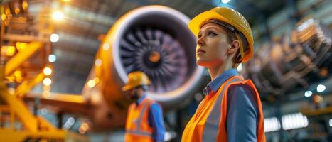Thoughtful female engineer looking at the jet engine photo