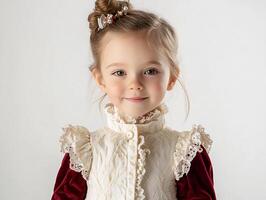 A little girl in a red dress and white jacket photo