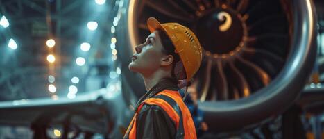 aircraft engine closeup with a female mechanic photo