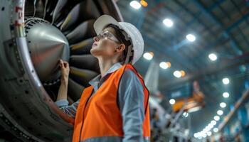 A female engineer in hard hat and safety vest examines a jet engine. photo