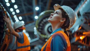 Thoughtful female aircraft mechanic looking at a jet engine photo
