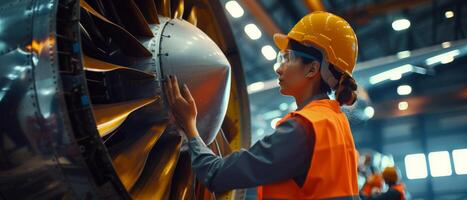 A female engineer in safety vest and hardhat inspects a jet engine in an aircraft maintenance hangar. photo