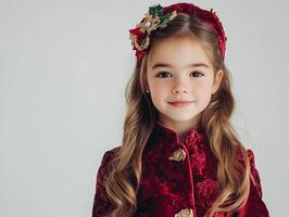 A little girl in a red velvet dress and a red bow photo